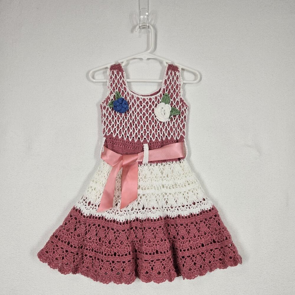 Handmade Crochet Toddler Dress 2T/3T Mauve Pink White Floral Cottagecore